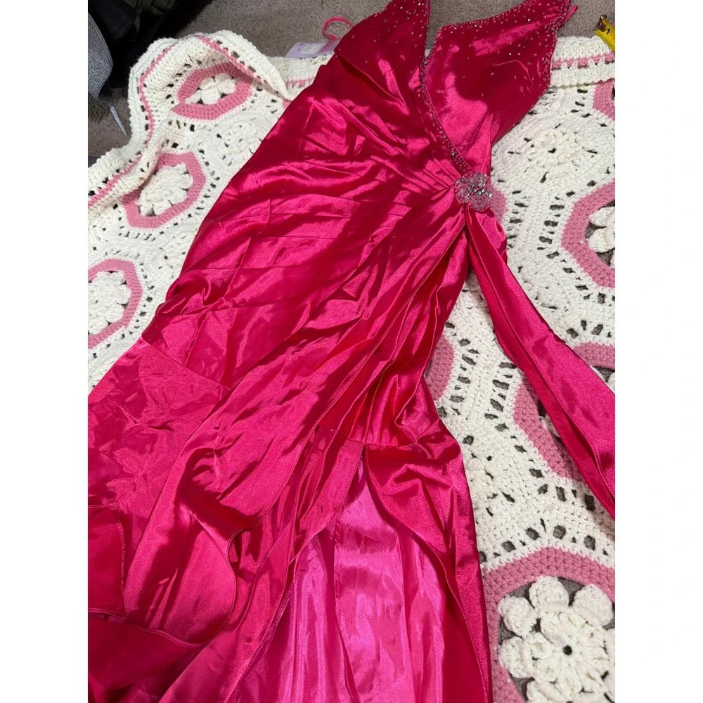 Poly USA Y2K Satin Gown | Hot Pink Beaded Halter | Prom Pageant Formal XS NWT